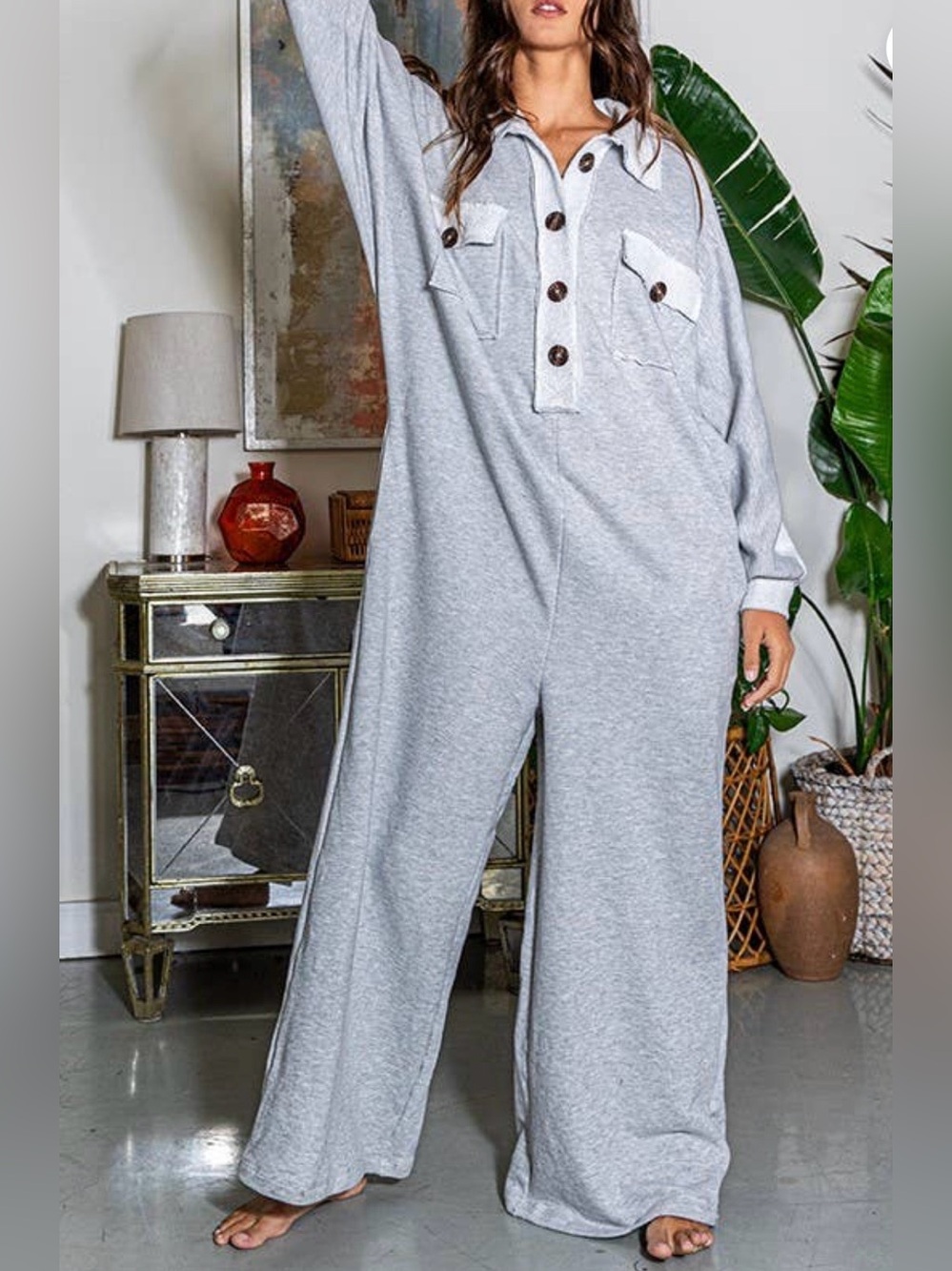 Bucket List Oversized Two-Tone Gray Wide Leg Jumpsuit Raw Edges Texture Button M - Picture 7 of 16